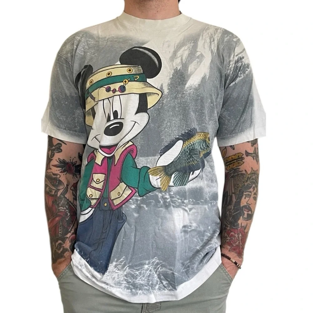 Vintage Single Stitch Mickey Mouse AOP Fish Fishing Tee Large Unisex